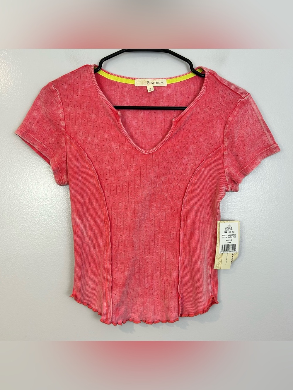 NWT Rewind Shell Pink Short Sleeve Y2K Stretch Split Neck Blouse Top Size Medium